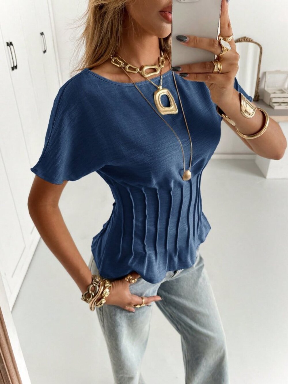 Blue Casual Women's Short-Sleeved Shirt